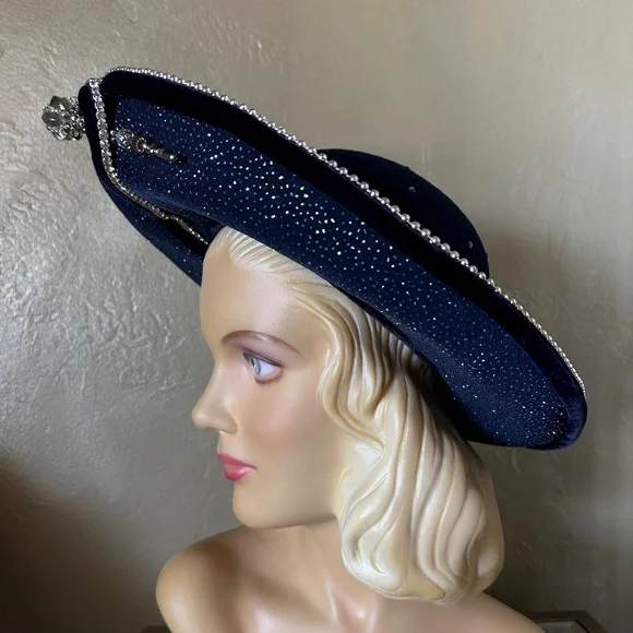 ENCHANTING 1970s' NAVY WIDE BRIM FELT HAT + PEARLS/BEADS/GLITTER & LARGE JEWEL